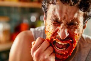 A man ate very hot sauce and writhes in pain photo