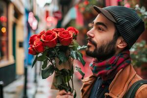 A man holding a bunch of roses in his hand photo