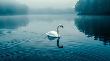 Swan swimming in a lake with foggy trees in the background photo