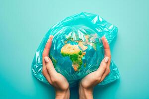 A person holding a plastic bag with a world in it photo