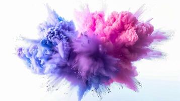 A cloud of pink and blue powder close up photo