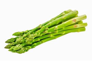 A close up of a bunch of asparagus spears on a white background photo