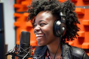 Smiling woman with headphones and microphone in studio photo