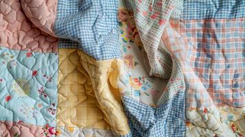 Colorful Patchwork Quilt with Various Patterns and Textures in Soft Pastel Tones photo