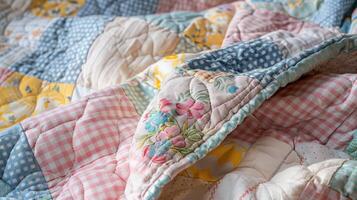 Colorful Patchwork Quilt with Floral, Checkered, and Solid Patterns on Bed photo