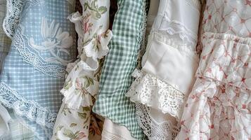 Colorful Vintage Fabrics with Lace and Patterns Hanging in a Row photo