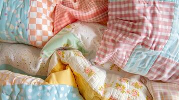 Colorful Patchwork Quilt with Various Patterns and Fabrics for Cozy Home Decor photo