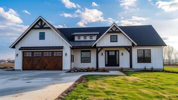 White house with black roof and brown garage photo