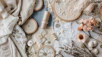 Sewing and Embroidery Supplies. Fabrics, Threads, Hoops, and Lace Patterns photo