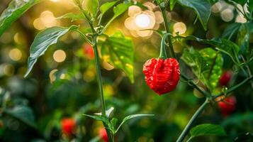 A red pepper plant with green leaves in the background photo