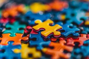 Brightly colored puzzle pieces scattered on table photo