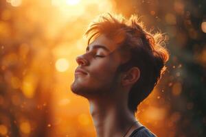 Man meditating peacefully with eyes closed, bokeh background photo