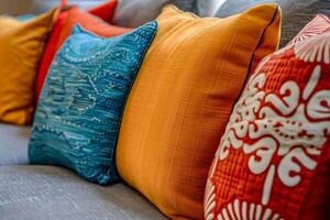 A close up of a couch with a bunch of pillows on it photo