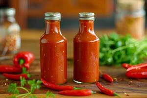 Bottles of hot sauce and peppers on cutting board with herbs photo