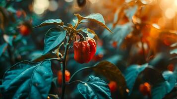 A red carolina reaper pepper plant under bright sun in garden photo