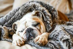 A bulldog resting under a cozy blanket photo