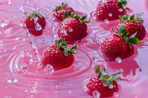 Strawberries in pink liquid bowl photo