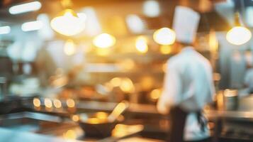 A chef in restaurant kitchen cooking with blurred background photo