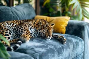 A leopard resting on a sofa photo