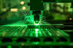 Machine slicing metal with vivid green laser light photo