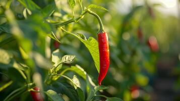 A red chili plant with green leaves in the background photo
