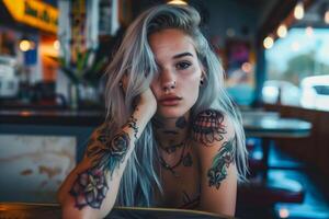 A close up of a woman with tattoos on her arms photo