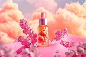 Serum bottle beside pink flowers on flat surface photo