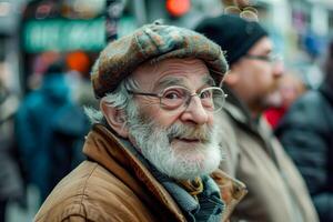 A man with a beard and a hat walking on a city street photo