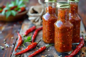 Bottles of chili sauce with peppers and herbs on a wooden table photo