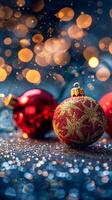 Red and gold christmas baubles arranged on table photo