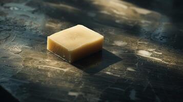 Artistic Close-up of Natural Soap Bar on Wet Surface photo