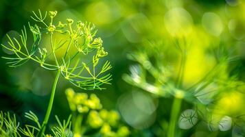 un cerca arriba de un eneldo planta con verde hojas y amarillo flores foto