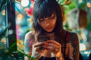 A woman looking at taro card photo