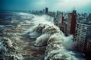 Cityscape with towering waves crashing on buildings photo
