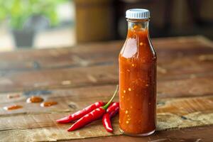 A bottle of hot sauce with chili on a table photo