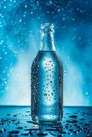 Bottle of water with droplets on blue background photo