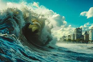 Wave crashing in city view from above photo