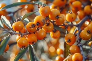 Close up of sea buckthorn orange berries on tree photo