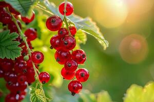 Many red currants berries on the branch photo