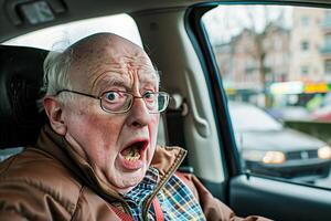 Elderly man in car with open mouth and glasses on photo