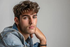Man with a denim jacket and a watch on his wrist photo