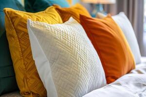 A close up of a bed with a bunch of pillows on it photo