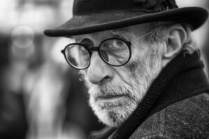 Man wearing hat and glasses staring at camera photo