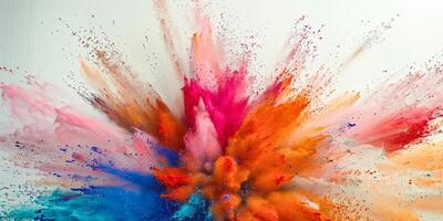 Close up of vibrant bursts of powdered colors on white background photo