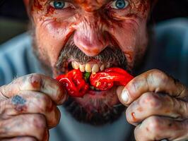 A man with a bloody face eating a chili photo