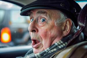 An elderly man with a shocked expression inside a vehicle photo