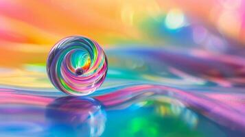 Vibrant Swirl of Colors in Abstract Glass Sphere on Reflective Surface with Bokeh photo