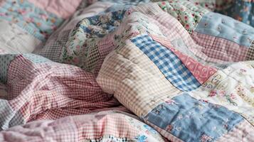 Colorful Patchwork Quilt with Various Patterns and Textures photo
