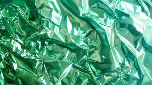 Abstract Green Metallic Crumpled Surface with Shiny Reflections photo