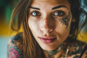 A close up of a woman with tattoos on her face photo